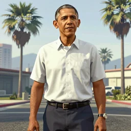 Barak Obama in GTA V. Los Santos in the background, palm trees. In the art style of Stephen Bliss