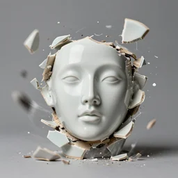 glazed ceramic face, half of it exploding into many shards. motion blur, sigma 5 5 mm photograph