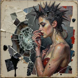 flesh romance, detailed analogue mixed media collage with canvas texture in style of contemporary art, punk art, realism, realistic photo, expressionism, masterpiece, spectacular quality, intricate oil details, broken glass photo, torn paper intricate texture, large cracks, liquid glue spots