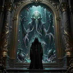 hooded necromancer in front of a cthulhu within a viscosity fluid lovecraft portal, intricate architecture, baroque detailed, unreal engine, octane render, micro detail, digital art by dan mumford and peter mohrbacher and wayne barlowe, intricate detail, subsurface scattering, ray tracing, unreal engine, octane render