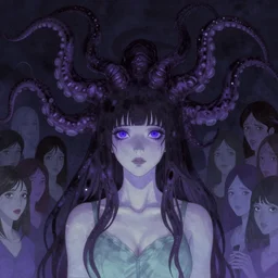 purple - eyed girl with tentacles on her head, submerged in evil phantoms by alex grey, lisa frank, ayami, kojima, amano, karol bak, greg hildebrandt, mark brooks, beksinski, takato yamamoto