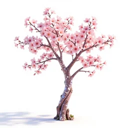 crystal cherry blossom branch, stylized pixar-style 3d render, full body, isolated on a pure white background, centered, entire subject in frame, sharp focus, soft studio lighting