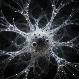abstract black hole in space, rhizomatic network, generative art, volumetric, particles, physical, translucence, cinematic lighting, iridescence