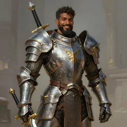 medium-length portrait of a male paladin with short curly hair and a dark beard, dark brown skin, happy expression, wears a suit of power armor, gundam, buster sword, medieval setting, highly detailed, digital painting, artstation, concept art, sharp focus, illustration, art by greg rutkowski and alphonse mucha