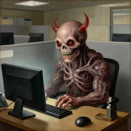 horroristic office worker monster who merged with his computer into a bioorganic monster, renaissance painting style in office cubicle