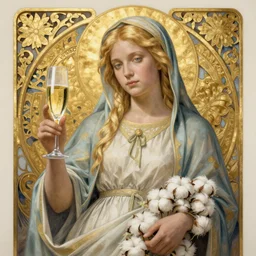 blonde madonna with glass of champagne in her hand and a coton de tulear on her lap. bordeaux with a gold filigree background. art nouveau. masterful, detailed drawing