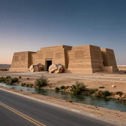 photo of a museum in a dessert next to river, the museum is made out of rammed earth with huge rock in the front, the museum is huge and has perforations, the sky has stars and air with dusk, the view is street view, 8 0 k, octane,