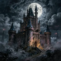 a cyberpunk setting, dramatic light, castle background, clouds, moon, storm, night, high detail, fantasy background, painted by greg rutkowski, digital art, trending on artstation