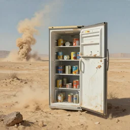 An atmospheric painting of a broken down refrigerator, stocked with canned food, in a desolate dustbowl, with sand devils looming in the background, artstation, detailed, concept art, high quality
