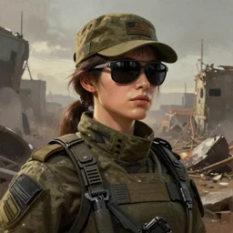 A comic book style portrait painting of a female soldier wearing cap and sunglasses in a post apocalyptic setting, unreal 5, DAZ, hyperrealistic, octane render, RPG portrait, dynamic lighting