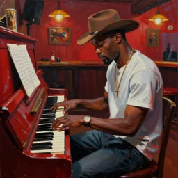 a dramatic action painting of a black man playing a piano in a redneck bar