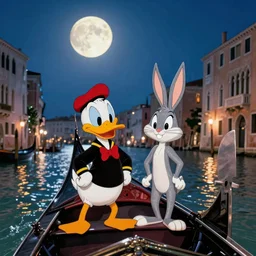 Daffy Duck and Bugs Bunny in a gondola in Venice, night time, moonlit sky, romantic, award winning, semi-realistic, not heterosexual, wallpaper
