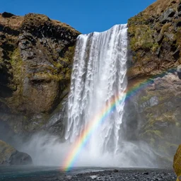 a dslr hd picture of rainbow colored very tall waterfall flowing from ice mountains, highly detailed
