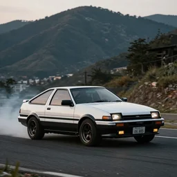 Toyota AE86 drifting down a mountain, aesthetic, photo, ambient lighting