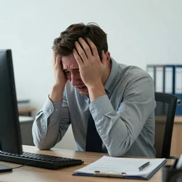 the office worker sits at his desk with his arms around his head and cries, photorealistic, by Frans Lanting