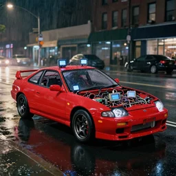 A film still of a red JDM car made from computer parts attached connected by wires and cables, small computer screens on a NYC street at night in light rain, wide shot, low camera, full car