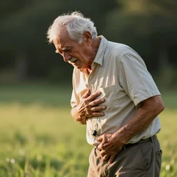 an elderly man in pain with a 🏈 in the groin on the front lawn. long shot side view