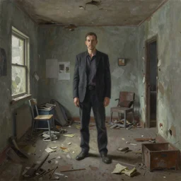 oil painting of gordon freeman in a delapidated dystopian home