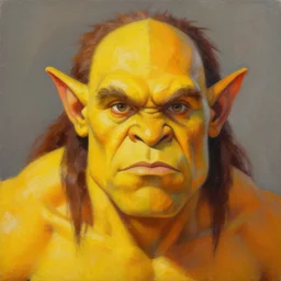 a beautiful painting of a vibrant yellow orange half orc with a human face with brown spiky hair, by craig mullins, featured on artstation