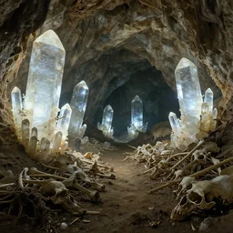 a cave with huge glowing crystals in the walls and piles of bones on the floor, art by donato giancola and greg rutkowski, wide angle
