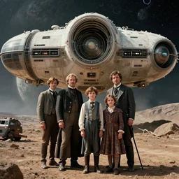 highly detailed, 268435456k film, 8400mm film still from a sci fi blockbuster color movie made in 2019, set in 1860, of a family standing in front of a spaceship that has just landed on an alien planet, the family are all wearing 1860s era clothes, good lighting, good photography, ultra high definition