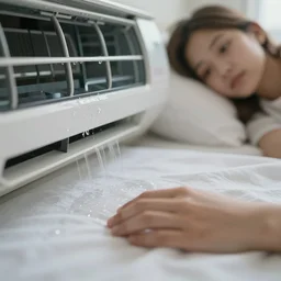 close - up on the air - conditioning with water running on the white sheets of a girl's bed, hand of a teenager girl, ablurred, depth of field, unframed, by neo rauch, 8 k hyper realistic detailed cinematic still