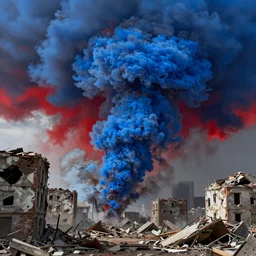 destroyed city, dystopian, war, real, thick vivid blue smoke, red clouds, detailed, award winning, masterpiece