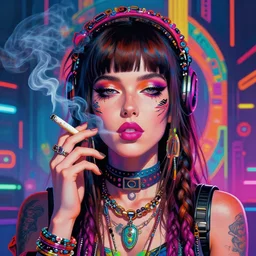 colorful portrait of a brunette cyberpunk hippie smoking a rolled cigarette | highly detailed | very intricate | symmetrical | professional model | cinematic lighting | award - winning | painted by mandy jurgens | pan futurism, dystopian, bold colors, cyberpunk, anime aesthestic, groovy vibes | featured on artstation