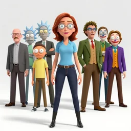 Pixar animated character woman who's a female version of a combination of Travis Bickle, Tyler Durden, Rick from Rick and Morty, The Wolf of Wall Street, Scarface, Don Draper, Walter White, the guy from A Clockwork Orange, The Joker and Patrick Bateman, 3D animated CGI cartoon 8K screenshot, trending on IMDB