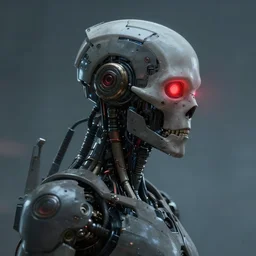skeleton with glowing red eyes and cybernetic enhancements as seen from a distance, scifi character portrait by greg rutkowski, esuthio, craig mullins, 1 / 4 headshot, cinematic lighting, dystopian scifi gear, gloomy, profile picture, mechanical, half robot, implants, solarpunk