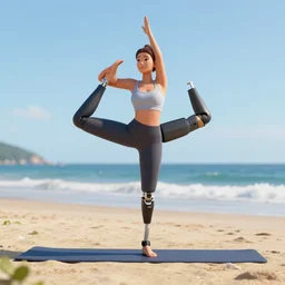 woman with prosthetic legs doing yoga on the beach, 3d render, unreal engine, cgsociety, trending on artstation