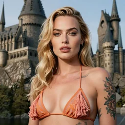tattooed margot robbie portrait posing in a tassel bikini in front of hogwarts, highly detailed face, realistic face, beautiful detailed eyes, fantasy art, in the style of greg rutkowski, illustration, epic, fantasy, intricate, hyper detailed, artstation, concept art, smooth, sharp focus, ray tracing, vibrant