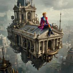 the amazing floating neoclassical city, fantasy, steampunk, a colorful fashion icon is sitting on the top of a roof. intricate, amazing composition, gloomy by emmanuel lubezki