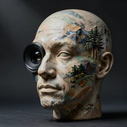 sci fi realistic camera lens in the shape of a head painted by h r giger and anders zorn