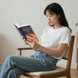 a salmon reading a book and sitting in a chair