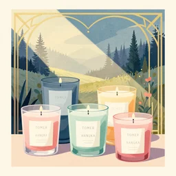 illustration with a set of beautiful scented candles by tomer hanuka, an art deco painting by tom whalen, trending on behance, art deco, digital illustration, storybook illustration, grainy texture, flat shading, vector art, airbrush, pastel, watercolor, poster