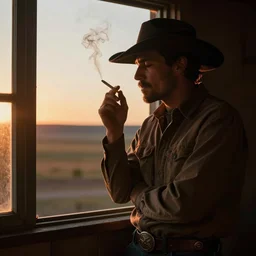 a photograph of a cowboy smoking a cigarette next to a window at sunset, by ando fuchs