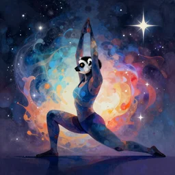 abstract Lemur in inspiring yoga pose, breathtaking cosmic colors and stars, abstract digital art artstation