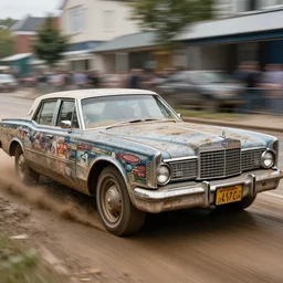 street photography by saul leiter and fred herzog and william eggleston, award winning photo of an ultra detailed intricate dirty vintage lincoln car speeding very fast on mud, fast shutter speed, motion blur, tiny gaussian blur, highly detailed, highly intricate, depth of field, trending on top gear