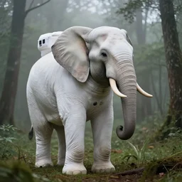 giant elephant in white spacesuit as astronaut elephant in the woods, foggy mood, overcast bokeh - c 5
