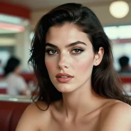vintage kodachrome photo of latina woman at a mid - century diner, clear makeup, clean hair, dry skin, clear skin, airbrushed, bright eye makeup, face by artgerm, photo by mario testino and peter lindbergh, 8 k octane render, cinematic, hyper detailed, micro details, insanely detailed, trending on artstation