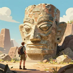 A explorer finding a giant rock head from a lost civilization, digital art, trending on artstation
