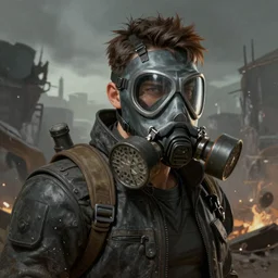 A comic book style portrait painting of a male character wearing gasmask in a post apocalyptic setting, unreal 5, DAZ, hyperrealistic, octane render, RPG portrait, dynamic lighting