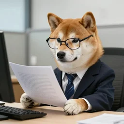 photo of a real shiba inu dog in a suit and glasses, reading a document at a desk in an office. Highly detailed 8k. Intricate. Sony a7r iv 55mm. Award winning.