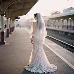 analog photograph of beautiful woman from the back, wearing a long flowing trumpet style lace wedding dress and veil in a train - station platform on a small pathway, golden hour, by mark owen. pastel colours. light rays. bokeh. cinematic. hq. detailed. contrast. cinestill 8 0 0 t