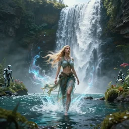 a full body portrait of a beautiful post apocalyptic offworld neoicelandic biofarmer swimming by the waterfalls, character concept, concept art, epic, trending on artstation, very detailed, 4 k, hd, dramtic lighting, flowing energy, glow, volumetric lighting, by jason chan, a robot in a garden, octane render, unreal engine, 8 k, soft lighting, rendered in octane, masterpiece, very very very aesthetic