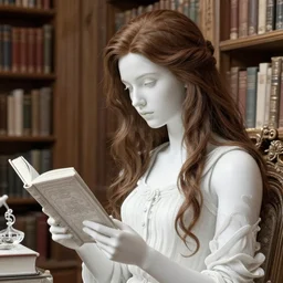 portrait of a beautiful young danish woman reading in a library, long brown hair, hyperdetailed illustration by irakli nadar and alexandre ferra, intricate linework, white porcelain skin, faberge, unreal engine 5 highly rendered, global illumination, radiant light, detailed and intricate environment