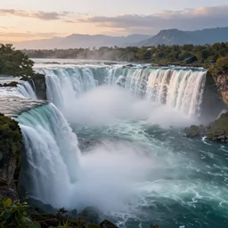cascade of multiple gigantic niagara falls, epic mountains in the background, early dawn, fantasy illustration, matte painting, concept art, volumetric lighting, volumetric atmosphere, morning mist, art by james gurney, unreal engine 5, 8 k