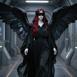 a heavenly angel in flowing black robes sporting pearlescent wings, wearing a blindfold, blind, head covered by a hood, blood red hair, milky white skin made of alabaster, standing in a startship hallway, detailed, epic masterpiece, master cinematography, hyper realism, realistic shading, unreal engine, peter mohrbacher
