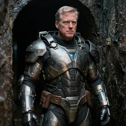 cinematic shot of john mccain wearing futuristic armor in a sewer, very detailed, very intricate,